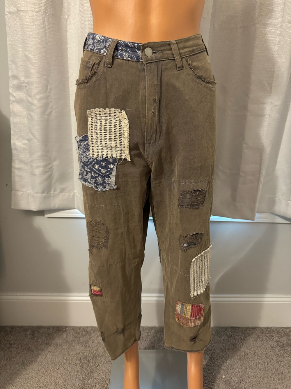 POL Olive Green Cropped Patchwork Pants